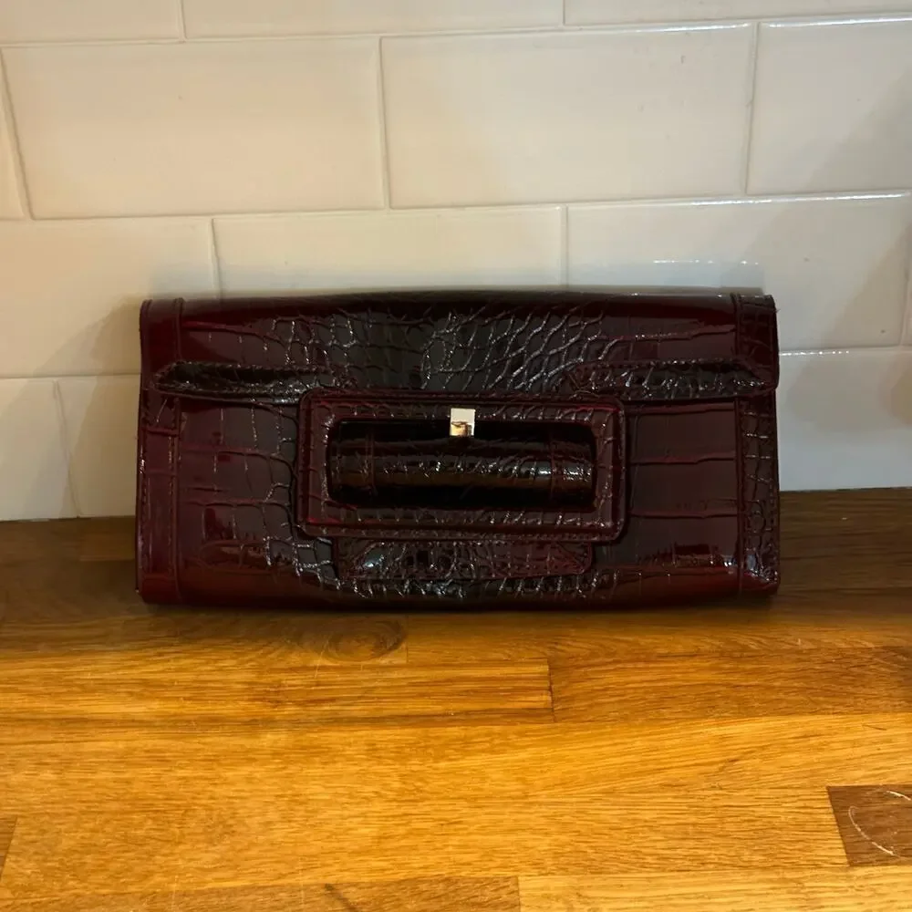 White House Black Market Burgundy Crocodile Print Clutch Shoulder Bag Purse